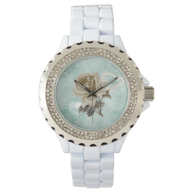 Montre Mint Green Ivoire Roses Blanches Rhinestones Regar (devant)