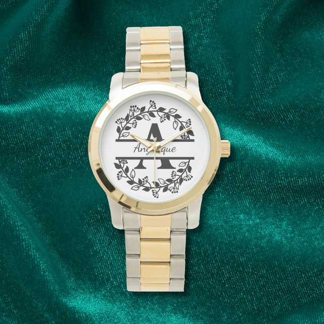 Montre Modern Black Floral Wreath Split Monogram "A" (Créateur téléchargé)