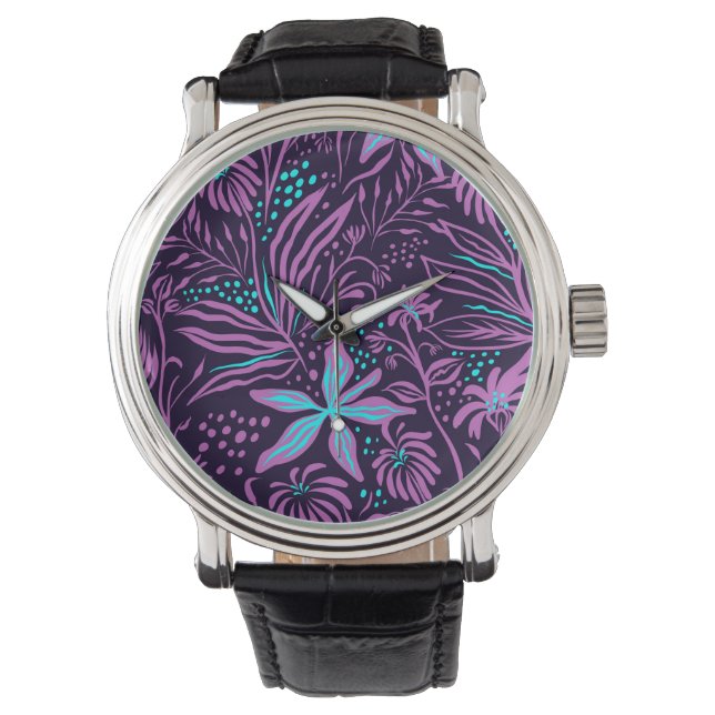 Montre Modern Dark Purple Floral Pattern (devant)