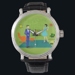 Montre moderne en couple du milieu du siècle<br><div class="desc">Cette montre moderne mi-siècle ressemble à une scène d'une comédie romantique. Le style années 60, minimaliste design d'art, dispose d'un beau couple de dessins animés qui profitent d'une soirée romantique à la maison. La chambre sophistiquée dispose d'un mur en pierre verte et d'un feu rugissant dans la cheminée. Le mobilier...</div>