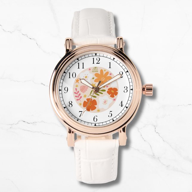 Montre Moderne Orange Floral tendance Stylish Chic Womans (Créateur téléchargé)