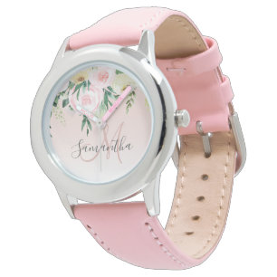 Montre Moderne Pastel Rose & Fleurs Avec Nom