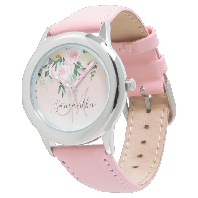 Montre Moderne Pastel Rose & Fleurs Avec Nom (Incliné)