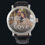 Montre Moderne TOUT CE DONT VOUS AVEZ BESOIN EST LOVE Mar<br><div class="desc">Montre photo moderne chic avec écriture manuscrite et lecture de typographie moderne : "Tout ce dont vous avez besoin est Love 'avec vos noms personnalisés et date mariage. Personnalisez avec votre photo et vos informations préférées. Grand cadeau pour les jeunes mariés,  un anniversaire ou la Saint-Valentin !</div>