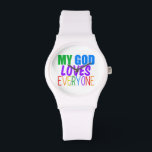 Montre Mon Dieu aime tout le monde<br><div class="desc">Mon Dieu aime tout le monde. Un grand cadeau pour un chrétien gay ou quelqu'un de toute religion qui croit en un pouvoir supérieur qui aime tous les gens,  gay ou hétéro. Joli texte arc-en-ciel.</div>