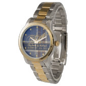 Montre monogram Blue Tartan Plaid Newlyweds Wedding (Incliné)