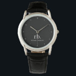 Montre Monogram Classic Elegant Minimum Black and White<br><div class="desc">A minimalist monogram design with large typographiy initials in a classic font with your name below on black background. Le Parfait Custom vend des accessoires !</div>