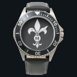 Montre Monogram Fleur De Lis Moderne Simple Noir & Blanc<br><div class="desc">Monogramme Fleur De Lis Monogram Montre Résistant à l'eau pour hommes - Acier inoxydable et cuir - Personnalisez avec votre initiale ou supprimez si vous le souhaitez. La fleur de lis ou fleur de lys est un lys stylisé, une fleur d'iris ou de lotus et est un symbole traditionnel du...</div>