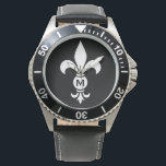 Montre Monogram Fleur De Lis Moderne Simple Noir & Blanc<br><div class="desc">Monogramme Fleur De Lis Monogram Montre Résistant à l'eau pour hommes - Acier inoxydable et cuir - Personnalisez avec votre initiale ou supprimez si vous le souhaitez. La fleur de lis ou fleur de lys est un lys stylisé, une fleur d'iris ou de lotus et est un symbole traditionnel du...</div>