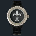 Montre Monogram Fleur De Lis Moderne Simple Noir & Blanc<br><div class="desc">Monogramme Fleur De Lis Femme Bracelet en Émail noir Montre avec Rhinestones - Personnalisez avec votre initiale ou supprimez si vous le souhaitez. La fleur de lis ou fleur de lys est un lys stylisé, une fleur d'iris ou de lotus et est un symbole traditionnel du pourcentage. Le design moderne...</div>