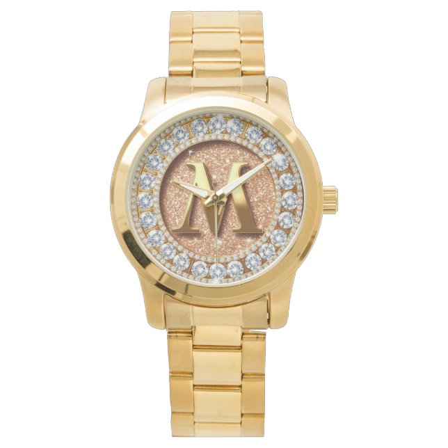 Montre Monogram Letter M on Rose Gold Glitter Background (devant)