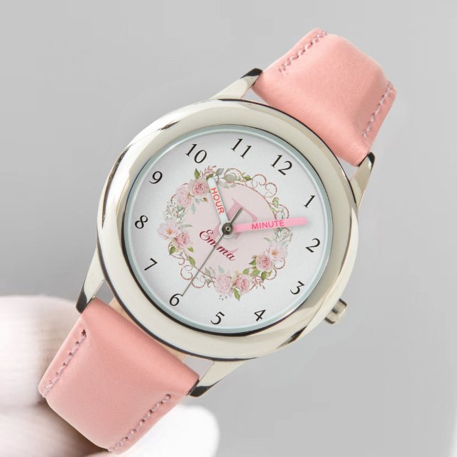 Montre Monogram Watercolor Blush Pink Rose Flowers Floral (In situ)