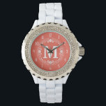 Montre Monograme de Coral White Floral Wreath<br><div class="desc">Cette belle montre est parfaite pour ajouter une touche d'élégance à votre garde-robe. Elle est faite dans une couleur de corail mou avec une guirlande de fleurs blanches et des points dans un look pochoir, avec des nombres blancs pour correspondre. Ajoutez votre lettre monogramme pour personnaliser. Vous pouvez aussi customiser...</div>