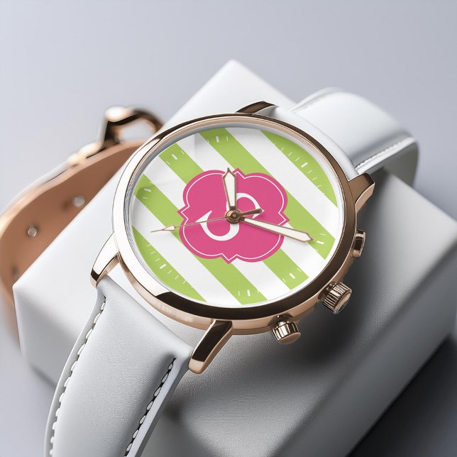 Montre Monogramme à bandes horizontales vertes et roses (Créateur téléchargé)