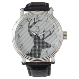 Montre Monogramme à rayures grises et cerfs plaqué tend