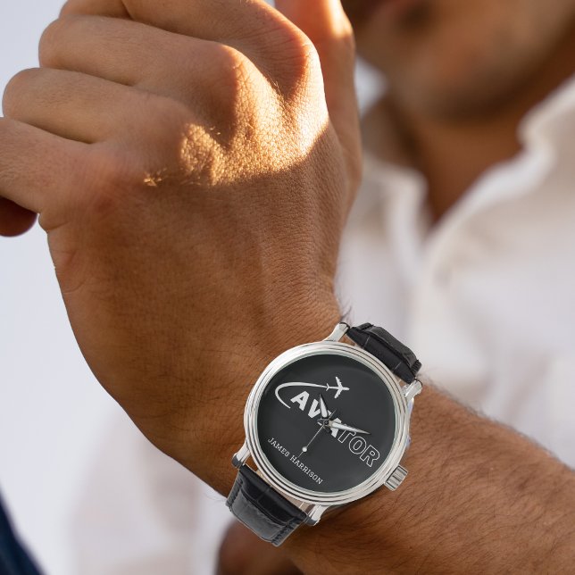 Montre Monogramme Aviateur Typographie & Avion, Minimalis (Créateur téléchargé)