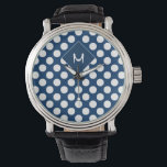 Montre Monogramme blanc de la marine bleue moderne<br><div class="desc">La montre Monogrammed Blanc de la Marine Bleue moderne a un joli motif de la couleur bleue avec des points blancs. Personnalisez-le avec votre initial.</div>