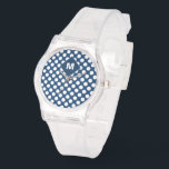 Montre Monogramme blanc de la marine bleue moderne<br><div class="desc">Monogramme blanc de la marine moderne montre a un beau motif rétro de bleu avec des points blancs. Personnalisez-le avec votre initial.</div>