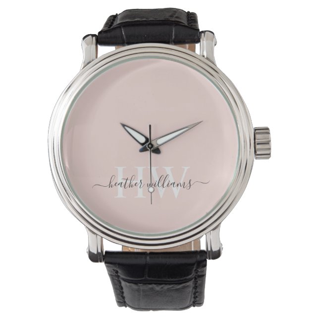 Montre Monogramme blanc uni rose pâle clair personnalisé (devant)