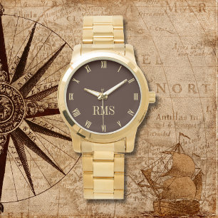 Montre Monogramme Brown foncé moderne Bracelet doré surdi
