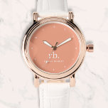 Montre Monogramme Corail Pêche Élégante Feminine Minimali<br><div class="desc">Un design minimaliste monogramme avec de grandes initiales typographiques dans une police classique avec votre nom ci-dessous sur un arrière - plan de pêche au corail féminin. Le cadeau ou accessoire parfaitement personnalisé !</div>