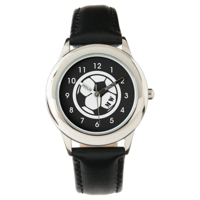 Montre Monogramme de l'enfant Monographie de soccer noir (devant)