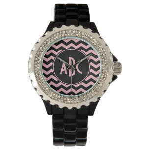 Montre Monogramme de zigzag noir et rose