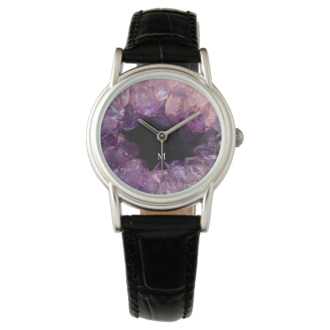 Montre Monogramme élégant à motif de minéral d'améthyste  (devant)