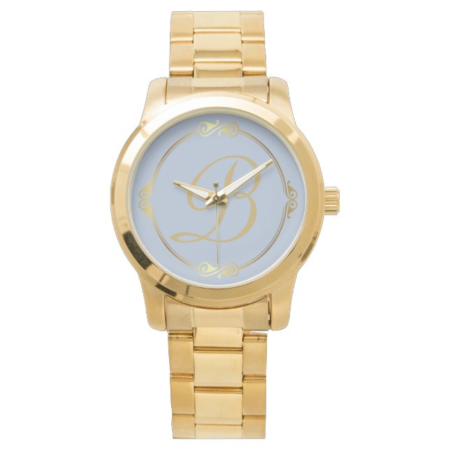 Montre Monogramme en or avec cercle infini sur bleu | (devant)