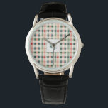 Montre Monogramme En vichy doux À feuillage persistant<br><div class="desc">Élevez votre style avec cet élégant Monogramme À feuillage persistant En vichy moelleux. Doté d'un motif plaid intemporel dans les tons vert, rouge et crème, ce design classique est parfait pour tous ceux qui aiment les accessoires d'inspiration vintage avec une touche moderne. Le monogramme personnalisable sur le visage de la...</div>