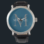 Montre Monogramme et nom personnalisés Ocean Blue<br><div class="desc">Monogramme et cadeaux de nom élégants personnalisés avec monogramme personnalisé dans le style de police serif classique avec boîte de nom au milieu du monogramme.</div>