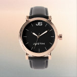 Montre Monogramme et nom Rose Gold bracelet de bande noir<br><div class="desc">Cette élégante montre rose dorée élégante au poignet glam pour hommes est décorée d'un bande noire robuste, visage noir, et personnalisée avec monogramme et nom. Vous pouvez facilement changer le monogramme et/ou le nom et supprimer les marques de tiques blanches si vous le souhaitez. Quel merveilleux cadeau pour lui -...</div>