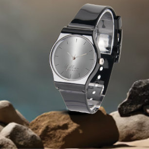Montre Monogramme et nom Silver Metallic Men's Black Band