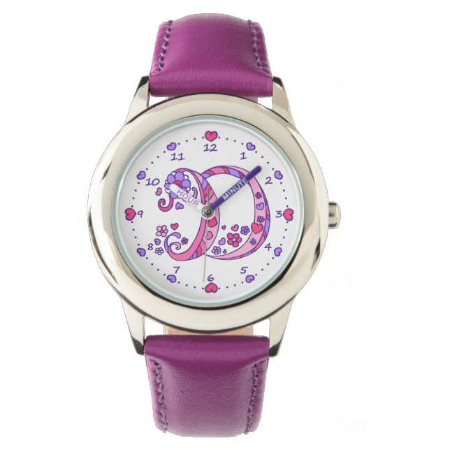 Montre Monogramme lettre D doodore coeur filles regarder (devant)