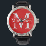 Montre Monogramme LR de la barre rouge<br><div class="desc">barre rouge Vie police romaine monogrammed poignet montre</div>