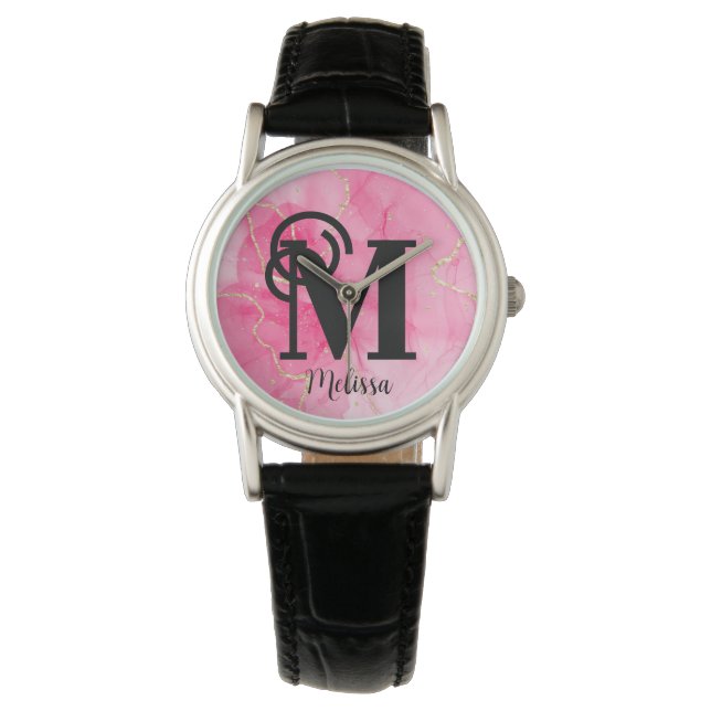Montre Monogramme marbré rose et or moderne Nom (devant)