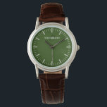 Montre Monogramme minimaliste vert visage personnalisé fe<br><div class="desc">Montre féminine minimaliste vert visage personnalisé. Créez votre propre montre de luxe de marque personnalisée. Classy intemporel montre cadran design avec des indices fins y compris les minutes et les heures mais sans les chiffres. Ajoutez votre propre monogramme personnalisé, nom personnalisé, nom du concepteur, initiales, année de naissance, logo, icône,...</div>