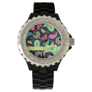 Montre Monogramme moderne coloré noir de motif de Paisle