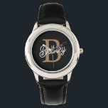 Montre Monogramme moderne élégant Nom Black Gold Script<br><div class="desc">Le Monogram Name Black Gold Script Watch est une montre sophistiquée qui combine fonctionnalité et luxe. Il présente un visage de montre noir élégant, orné d'un nom monogramme de script or élégant, créant un look raffiné et personnalisé. Cette montre est conçue pour ajouter une touche d'élégance à toute tenue, ce...</div>