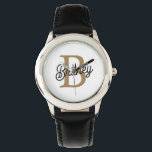 Montre Monogramme moderne élégant Nom Black Gold Script<br><div class="desc">Le Monogram Name Black Gold Script Watch est une montre sophistiquée qui combine fonctionnalité et luxe. Il présente un visage de montre noir élégant, orné d'un nom monogramme de script or élégant, créant un look raffiné et personnalisé. Cette montre est conçue pour ajouter une touche d'élégance à toute tenue, ce...</div>