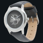 Montre Monogramme moderne élégant Nom noir Gris noir Scri<br><div class="desc">Le Monogramme moderne élégant Nom Black Grey Script Watch est un mélange d'élégance intemporelle et de style personnalisé. Ce garde-temps sophistiqué présente un visage classique de montre noire avec un élégant script gris affichant votre monogramme et votre nom personnalisés. Le design allie une esthétique épurée et sobre à la fonctionnalité...</div>