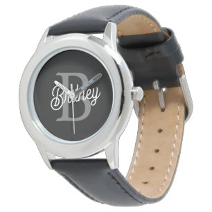 Montre Monogramme moderne élégant Nom noir Gris noir Scri