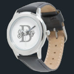 Montre Monogramme moderne élégant Nom noir Gris noir Scri<br><div class="desc">Le Monogramme moderne élégant Nom Black Grey Script Watch est un mélange d'élégance intemporelle et de style personnalisé. Ce garde-temps sophistiqué présente un visage classique de montre noire avec un élégant script gris affichant votre monogramme et votre nom personnalisés. Le design allie une esthétique épurée et sobre à la fonctionnalité...</div>