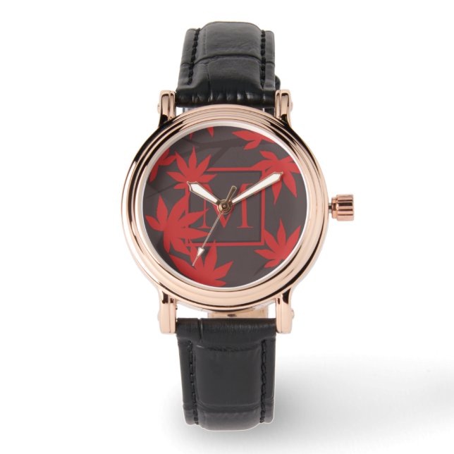 Montre Monogramme Moderne Feuille d'Érable Rouge Grise (Recto)
