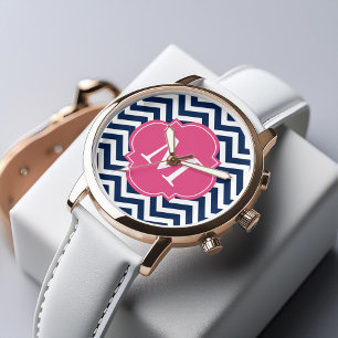 Montre Monogramme Motif bleu et rose chaud