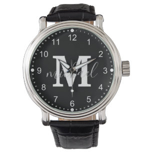 Montre monogramme noir et blanc hommes personnalisés