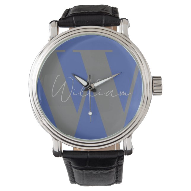 Montre Monogramme nom bleu gris élégant design cadeau mod (devant)