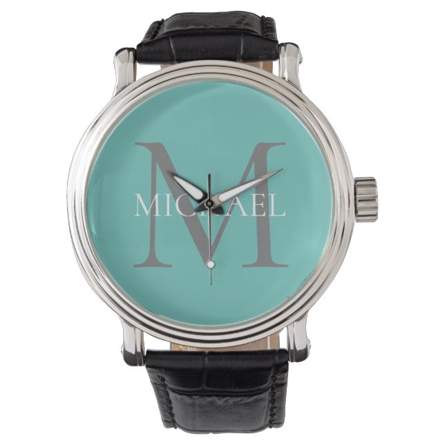 Montre Monogramme personnalisé et nom Turquoise clair (devant)