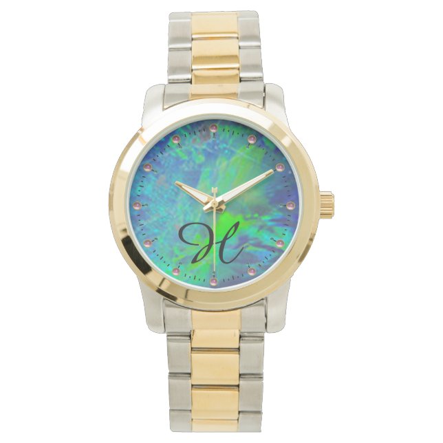 MONTRE MONOGRAMME PHOTO OPAL BLEU VERT ABSTRAIT (devant)