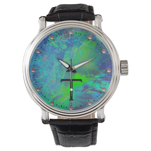 MONTRE MONOGRAMME PHOTO OPAL BLEU VERT ABSTRAIT (devant)